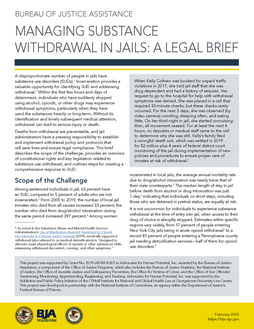 Managing Substance Withdrawal in Jails: A Legal Brief